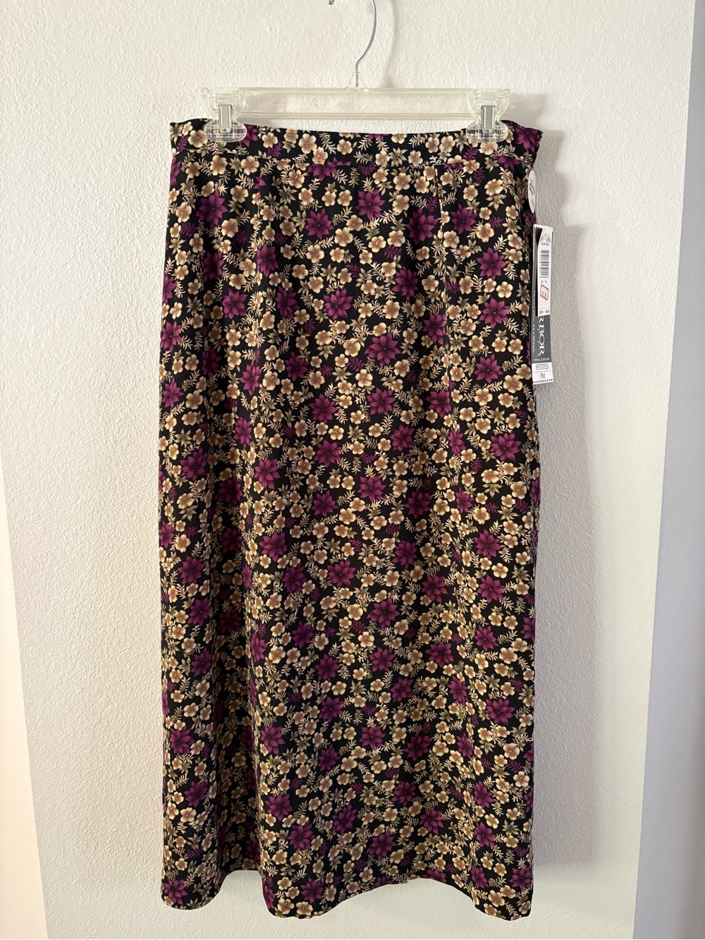 Sag Harbor Black Midi Skirt with Purple and Cream Floral Print medium petite